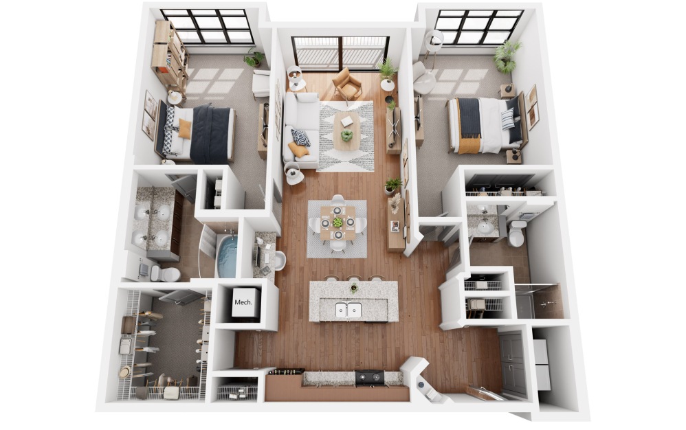Milan - 2 bedroom floorplan layout with 2 bathrooms and 1192 - 1238 square feet (3D)