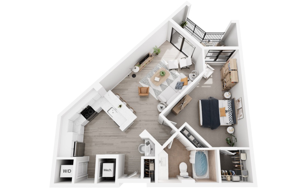 Zurich - 1 bedroom floorplan layout with 1 bathroom and 740 - 797 square feet (3D)