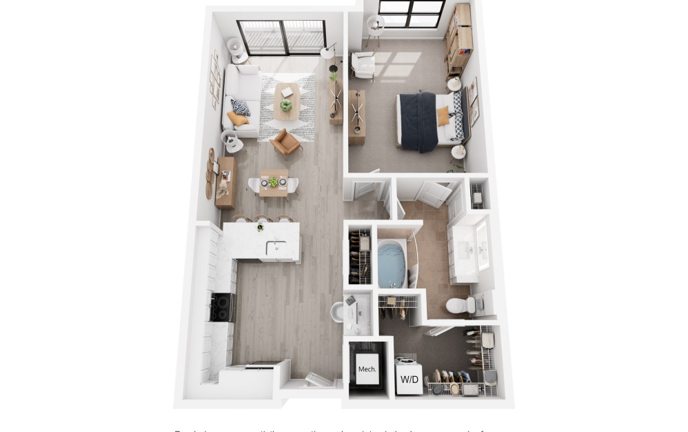 Barcelona - 1 bedroom floorplan layout with 1 bathroom and 831 square feet (3D)