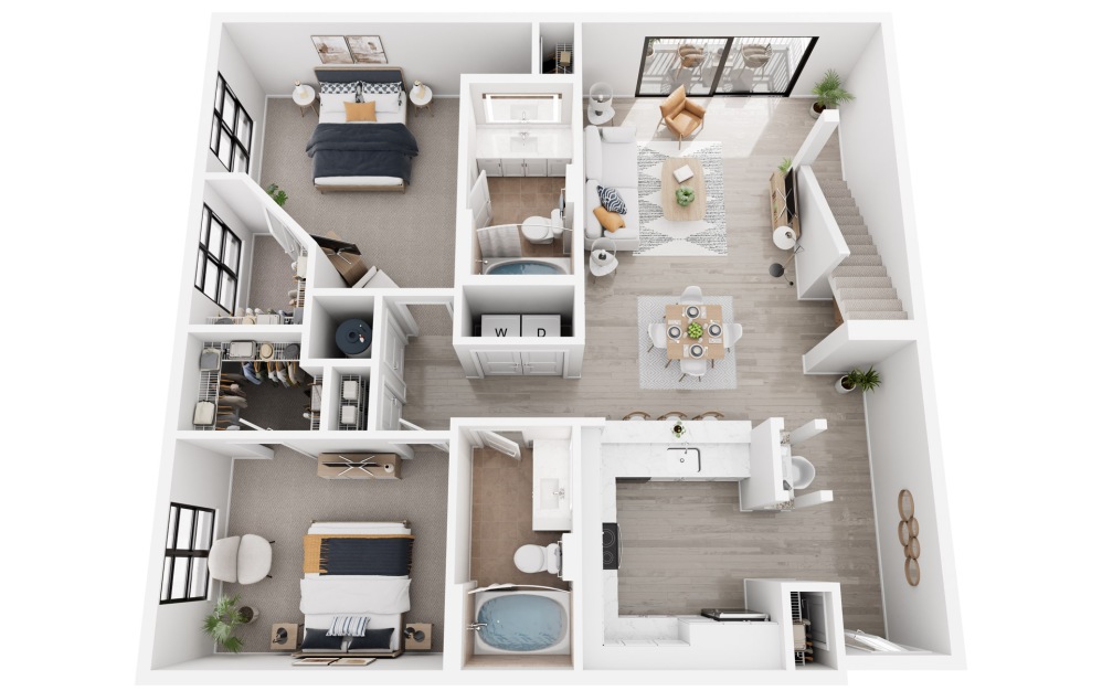 Dubai - 2 bedroom floorplan layout with 2 bathrooms and 1482 square feet (Floor 1, 3D)