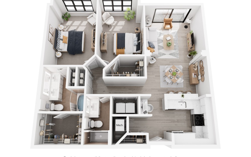 Dublin - 2 bedroom floorplan layout with 2 bathrooms and 1262 - 1310 square feet
