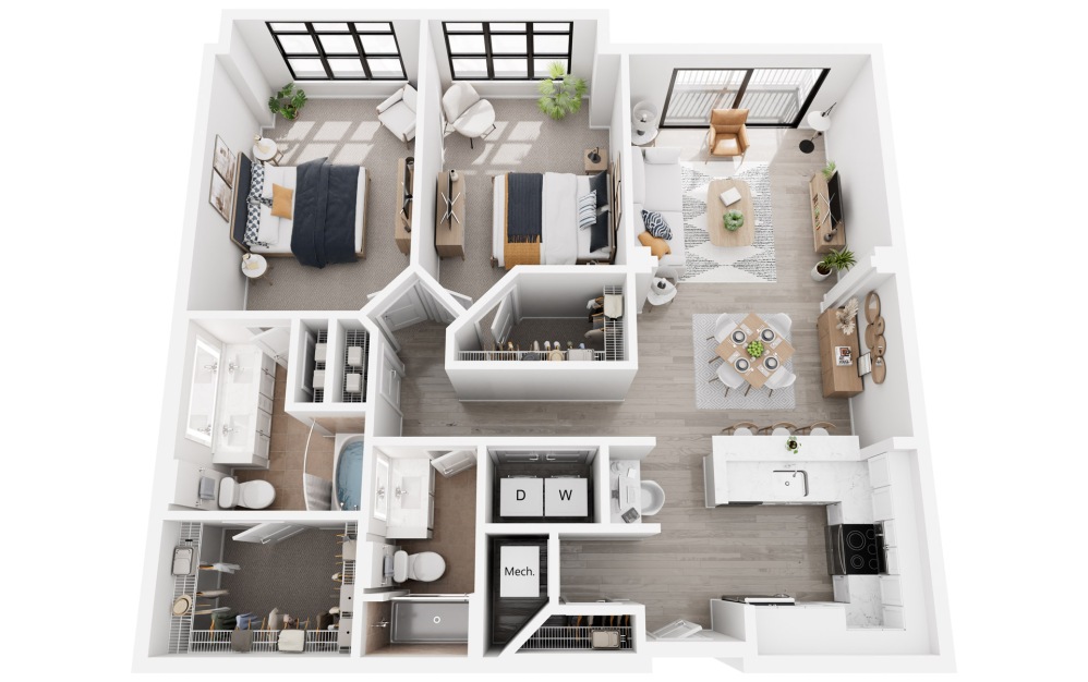 Dublin - 2 bedroom floorplan layout with 2 bathrooms and 1262 - 1310 square feet (3D)