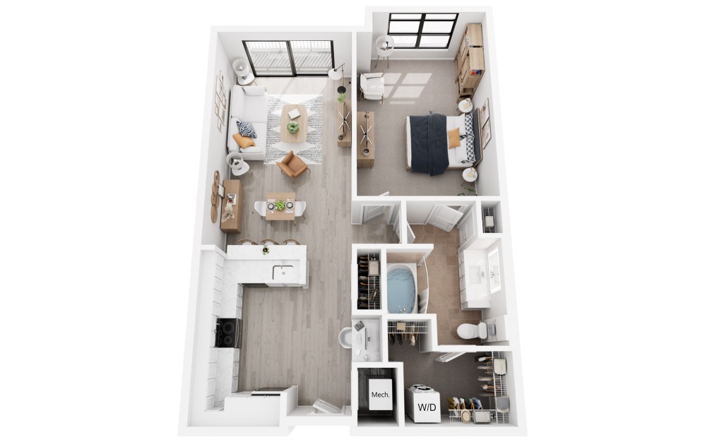 Florence - 1 bedroom floorplan layout with 1 bathroom and 823 - 844 square feet (3D)