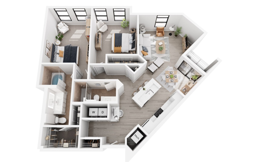 Geneva - 2 bedroom floorplan layout with 2 bathrooms and 1153 square feet (3D)