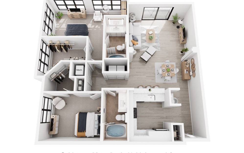 Madrid - 2 bedroom floorplan layout with 2 bathrooms and 1318 square feet (3D)