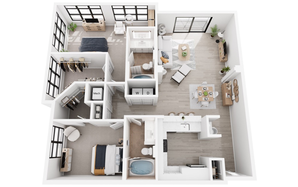 Madrid - 2 bedroom floorplan layout with 2 bathrooms and 1318 square feet (3D)
