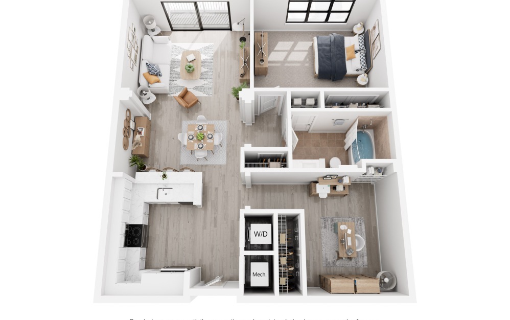 Melbourne - 1 bedroom floorplan layout with 1 bathroom and 983 square feet (3D)