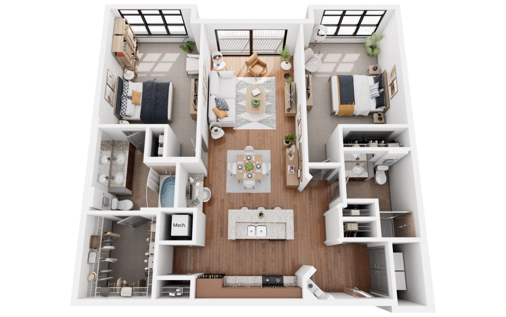 Milan 2 - 2 bedroom floorplan layout with 2 bathrooms and 1192 - 1238 square feet (3D)