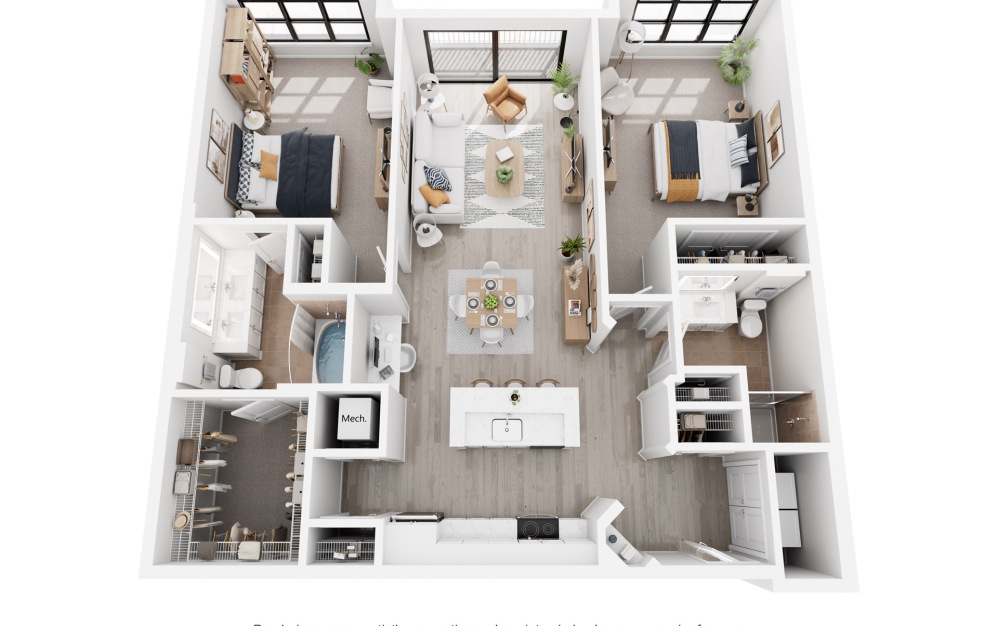 Milan - 2 bedroom floorplan layout with 2 bathrooms and 1192 - 1238 square feet