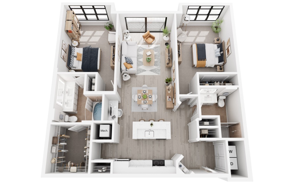 Milan - 2 bedroom floorplan layout with 2 bathrooms and 1192 - 1238 square feet