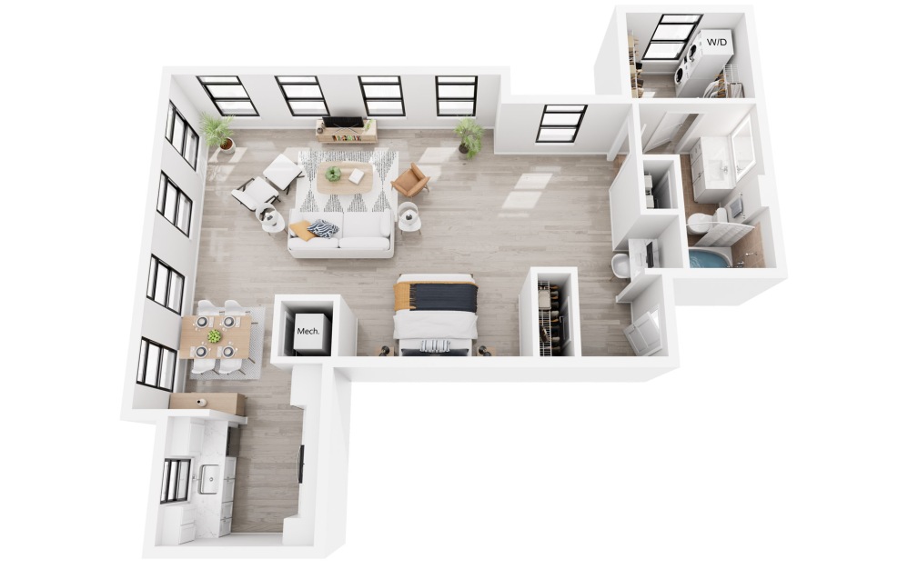 New York - Studio floorplan layout with 1 bathroom and 717 - 800 square feet (3D)