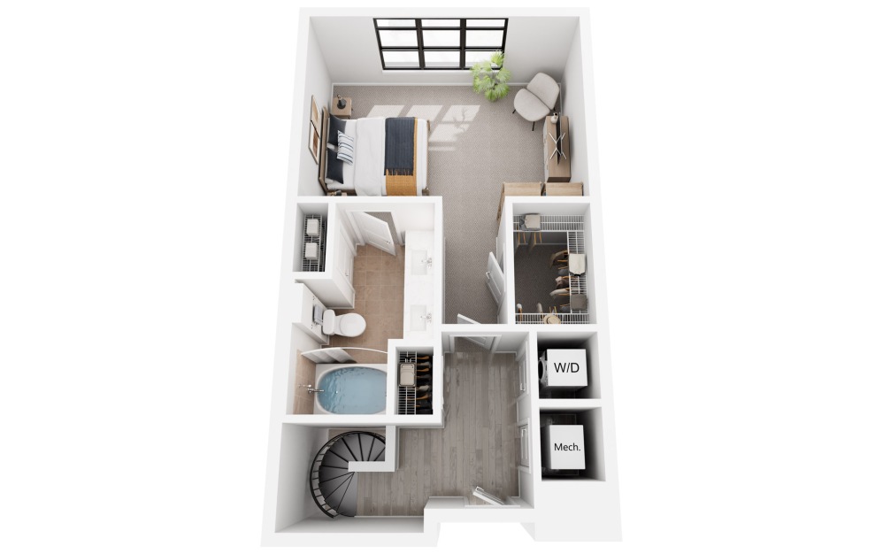Nice - 1 bedroom floorplan layout with 1.5 bathroom and 936 square feet (Floor 2, 3D)
