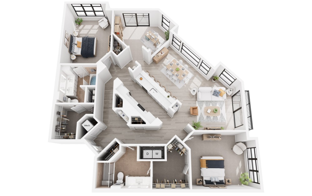Santiago - 2 bedroom floorplan layout with 2 bathrooms and 1577 - 1620 square feet (3D)