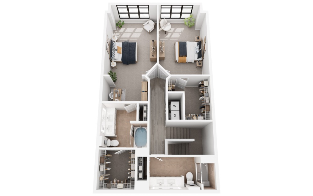 Shanghai - 2 bedroom floorplan layout with 2.5 bathrooms and 1838 square feet (Floor 2, 3D)