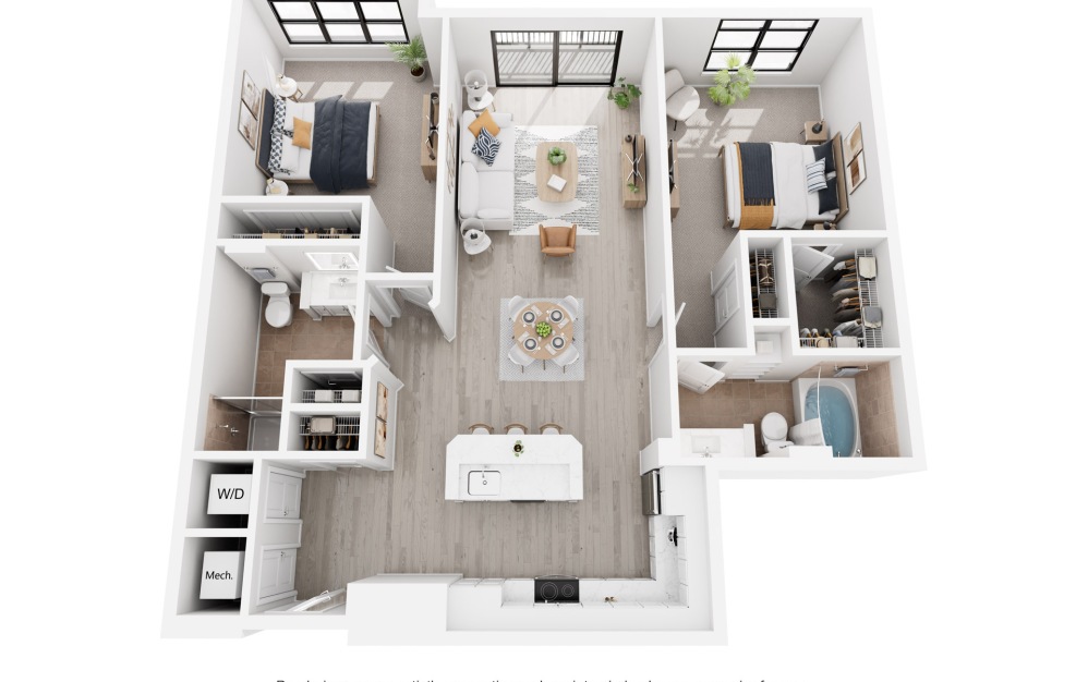 Singapore - 2 bedroom floorplan layout with 2 bathrooms and 1111 - 1133 square feet