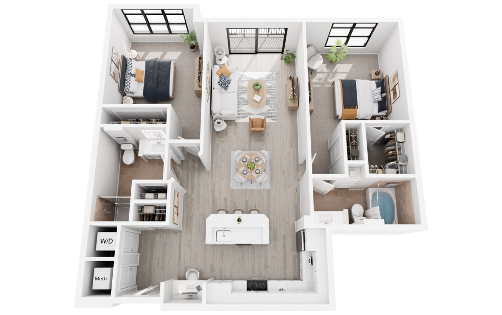 Singapore - 2 bedroom floorplan layout with 2 bathrooms and 1111 - 1133 square feet (3D)